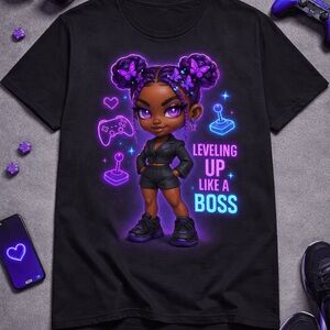 Leveling Up Like a Boss Kids' Black Graphic Tee - Purple Accent